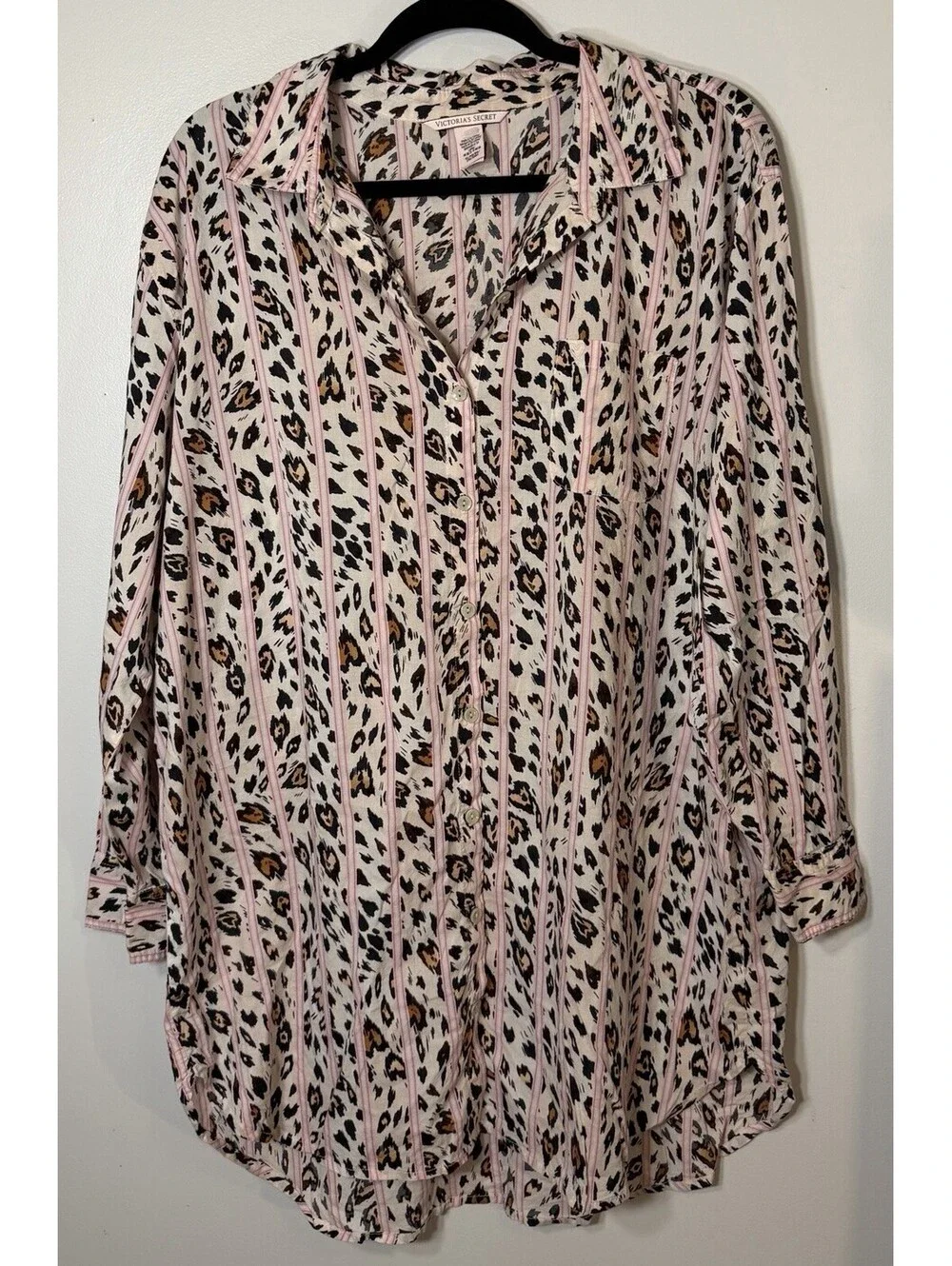 Victoria Secret Pajama Nightgown Pink Stripe Leopard Print Sleepshirt Size XL